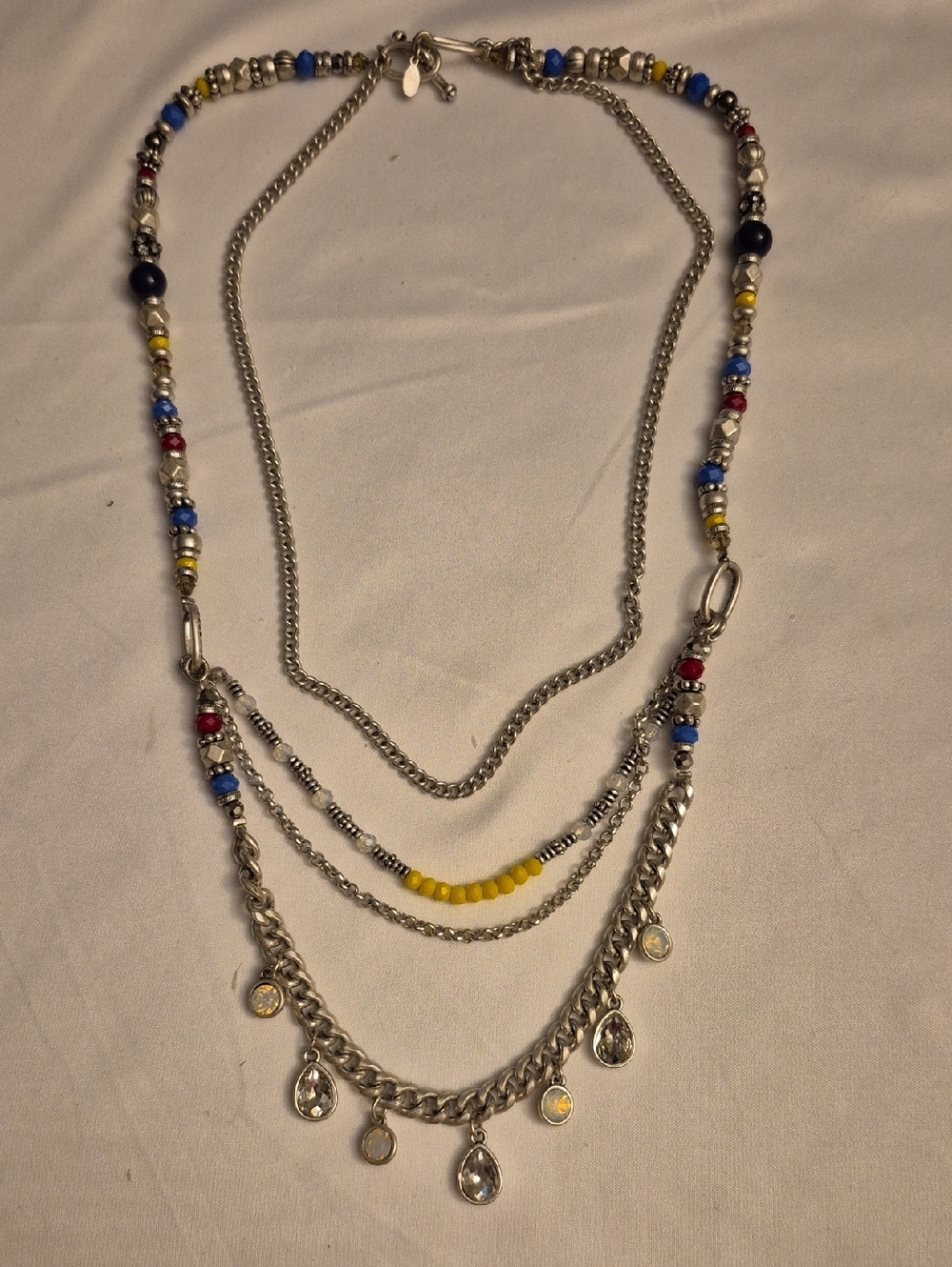 Layered Silver Beaded Multi-Color Necklace - Yellow Accent